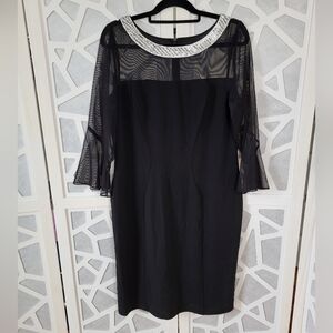 Alex Evenings Black Dress with Sheer Sleeves and Silver Accents